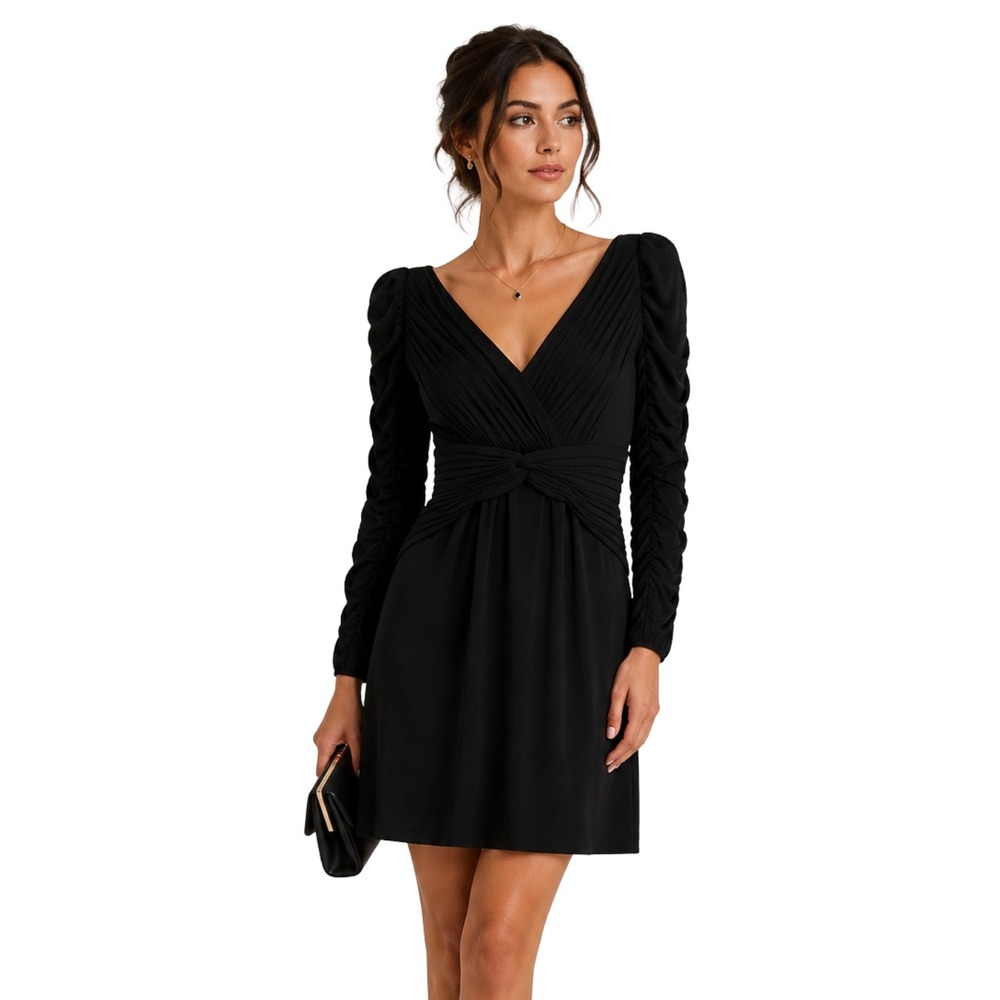 Tadashi Shoji Dress Womens Small Black Mini Pleated Ruched Cocktail Party LBD